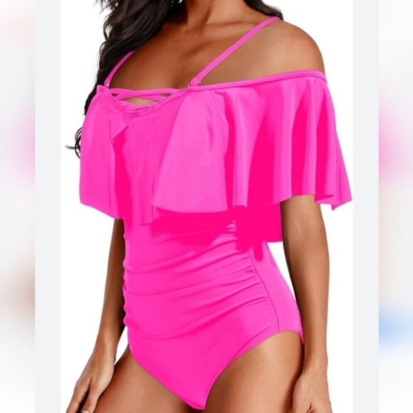 Shein Pink Off Shoulder One Piece Swimsuit Tummy Control Bathing Suit Ruffle 1X - Picture 9 of 9